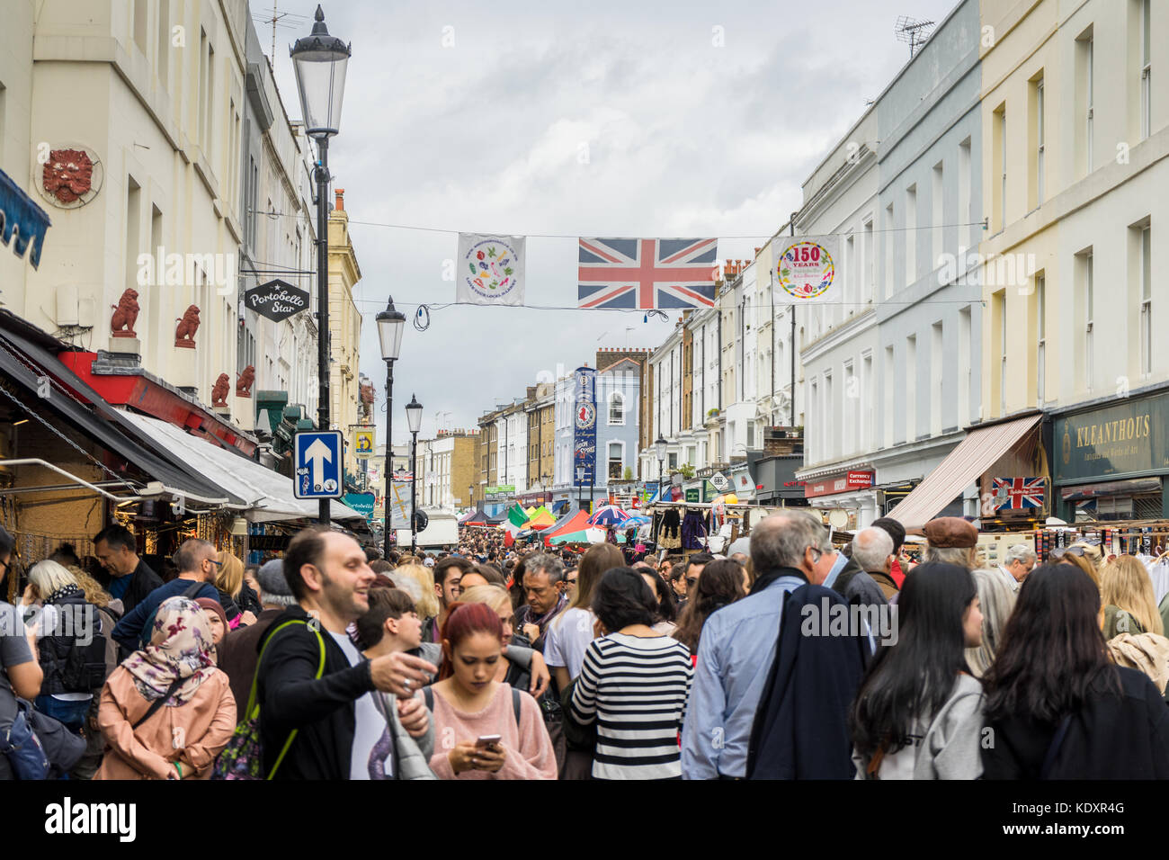 People along busy Portobello Road Market in Notting Hill 2017, West London, England, UK Stock Photo