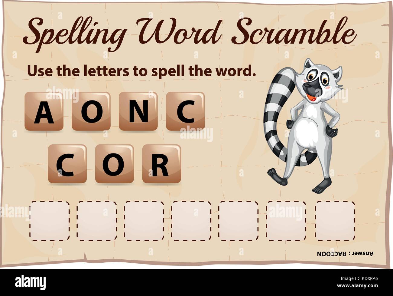 Spelling word scramble game with word raccoon illustration Stock Vector