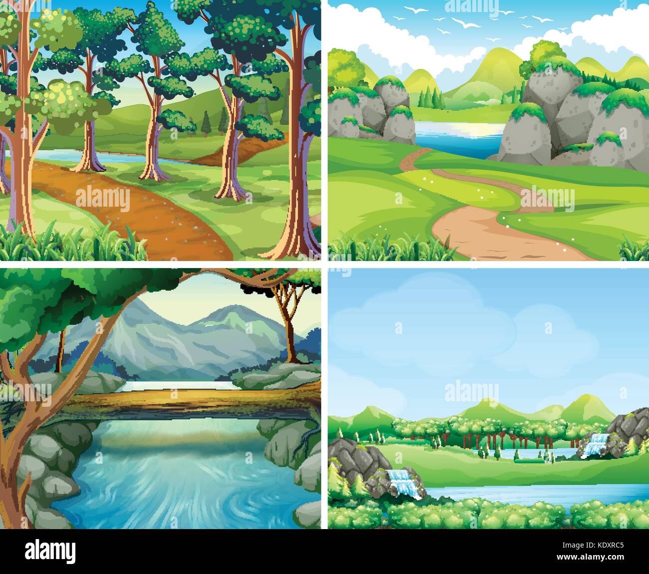 Four scenes with river and tree illustration Stock Vector Image & Art ...