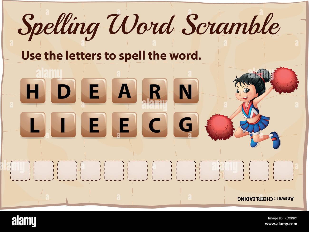 Spelling word scramble game template with cheerleading illustration Stock Vector