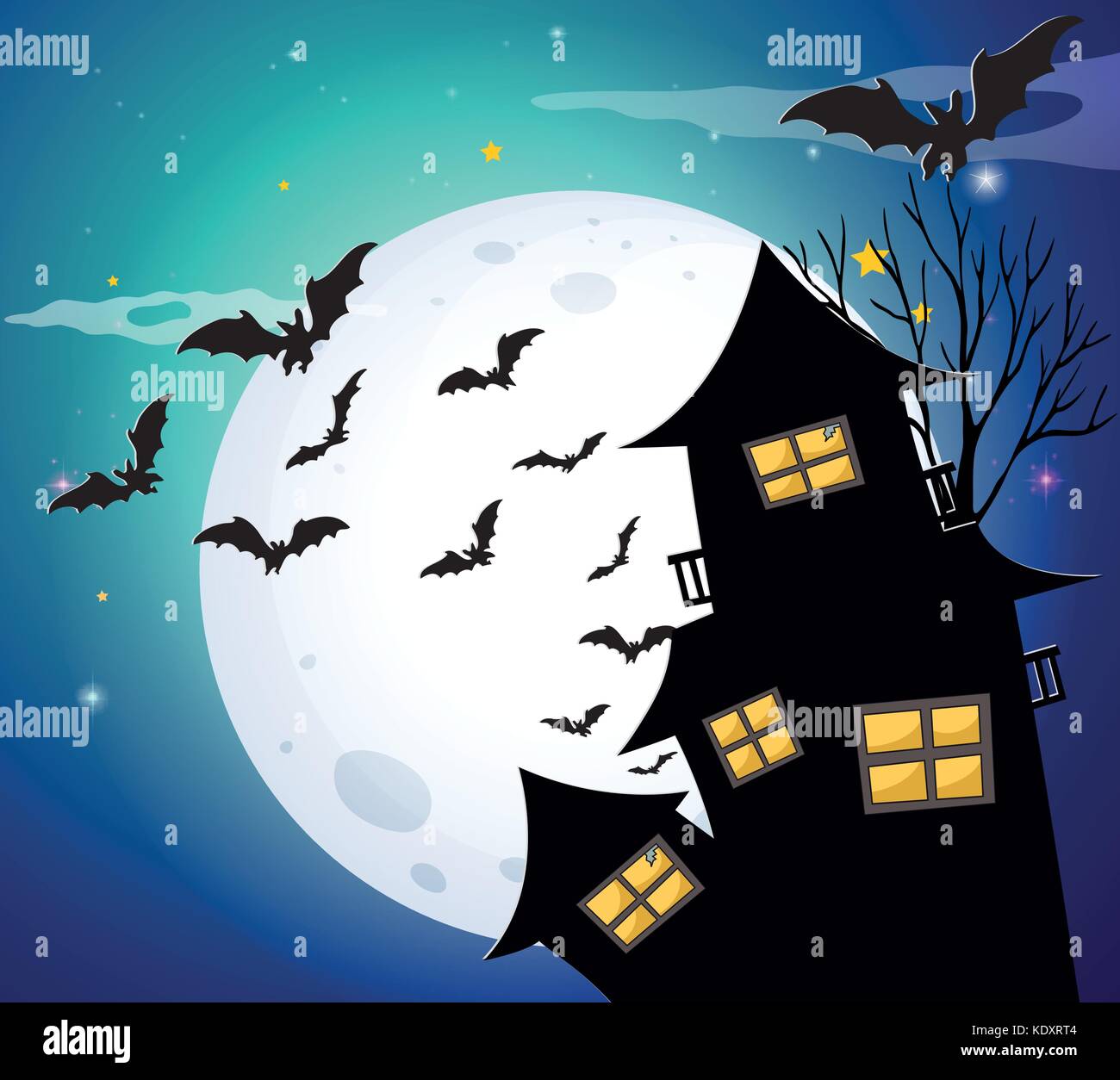 Halloween night with bats and haunted house illustration Stock Vector ...