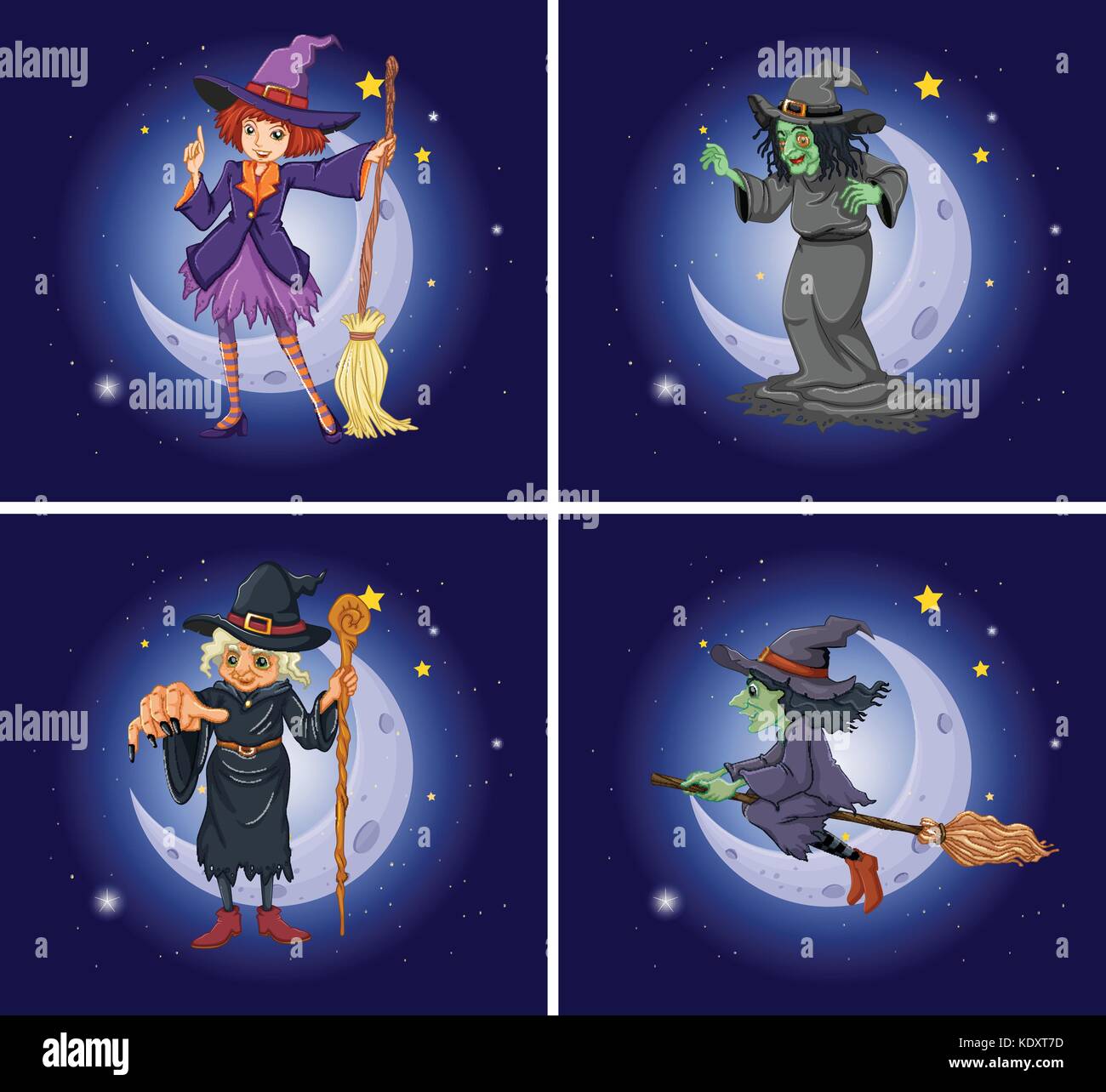Different witch characters on magic broom illustration Stock Vector ...
