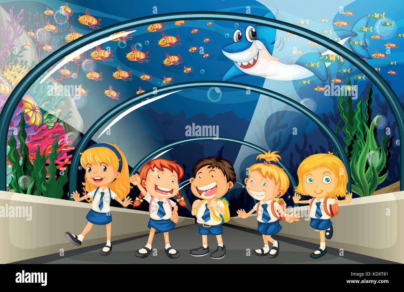 Students visiting aquarium with lots of fish illustration Stock Vector