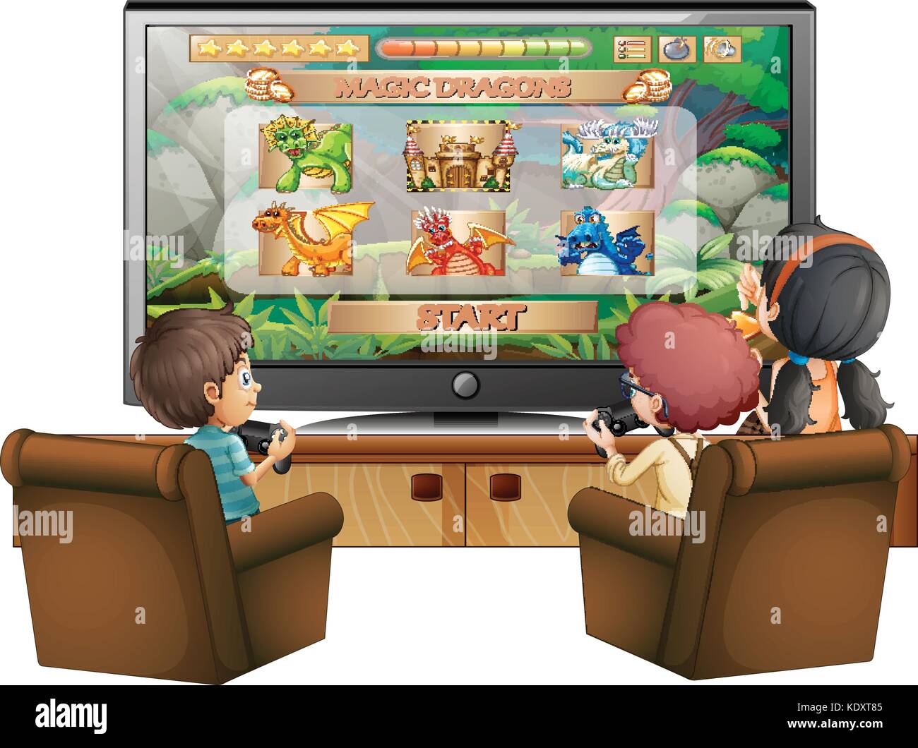 Kids playing game with big screen TV illustration Stock Vector