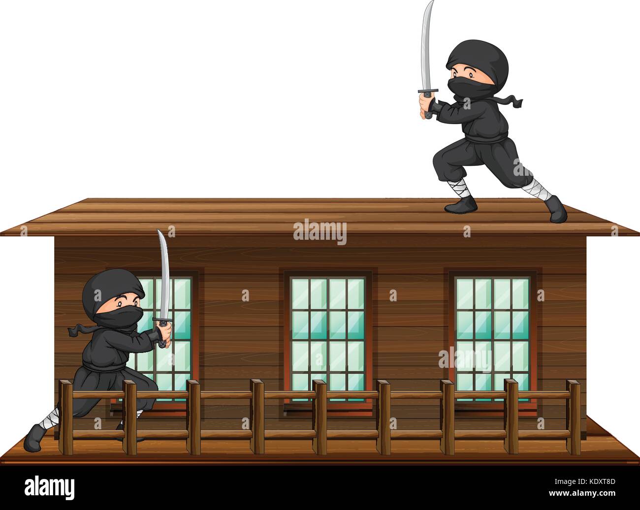 Ninja with sword on the roof illustration Stock Vector