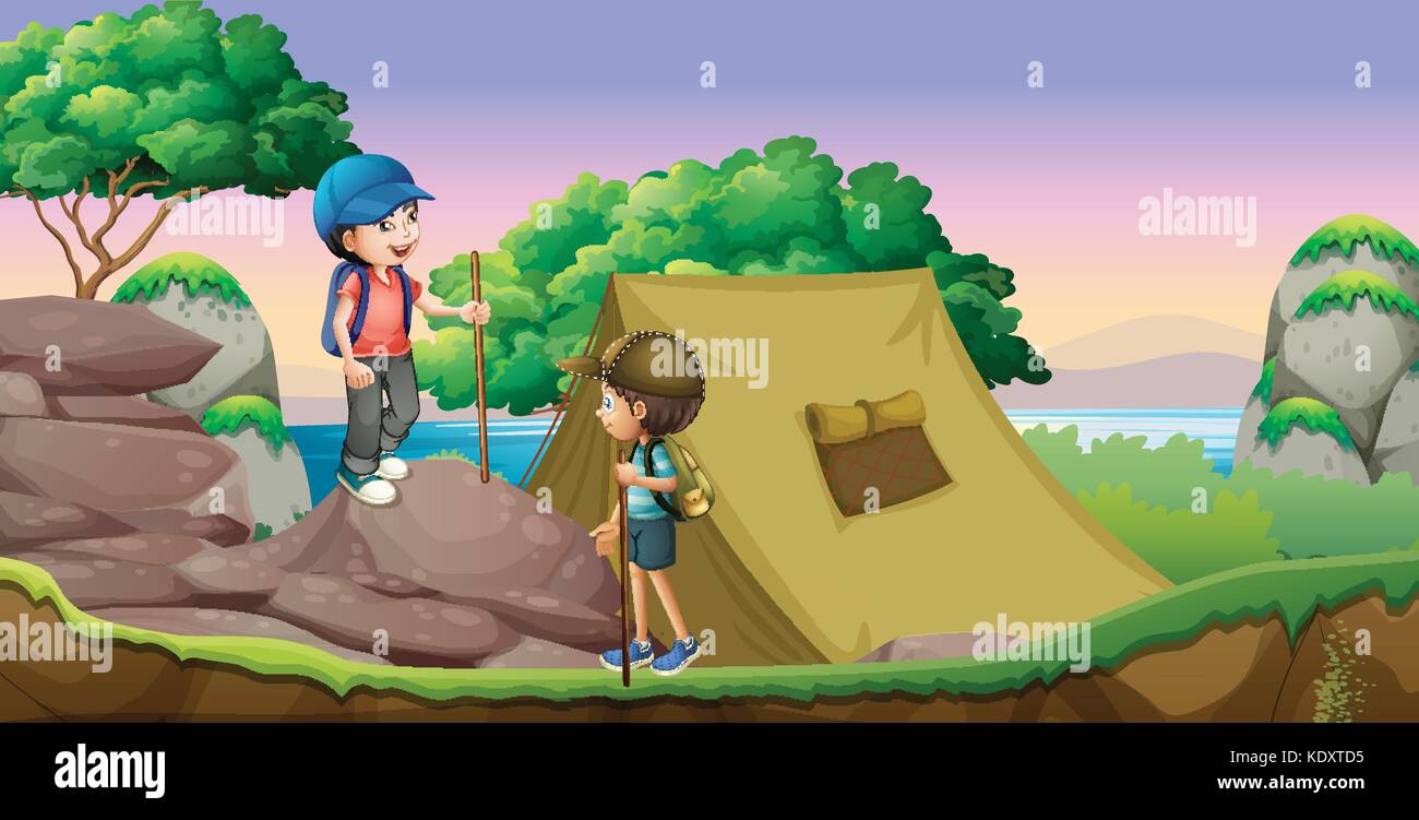 Two kids camping out by the lake illustration Stock Vector Image & Art ...