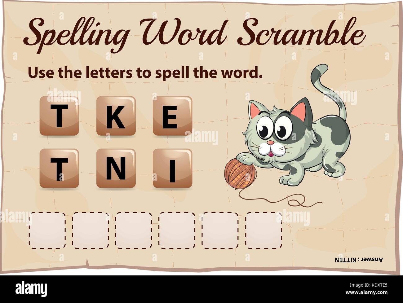 Spelling word scramble for word kitten illustration Stock Vector Image