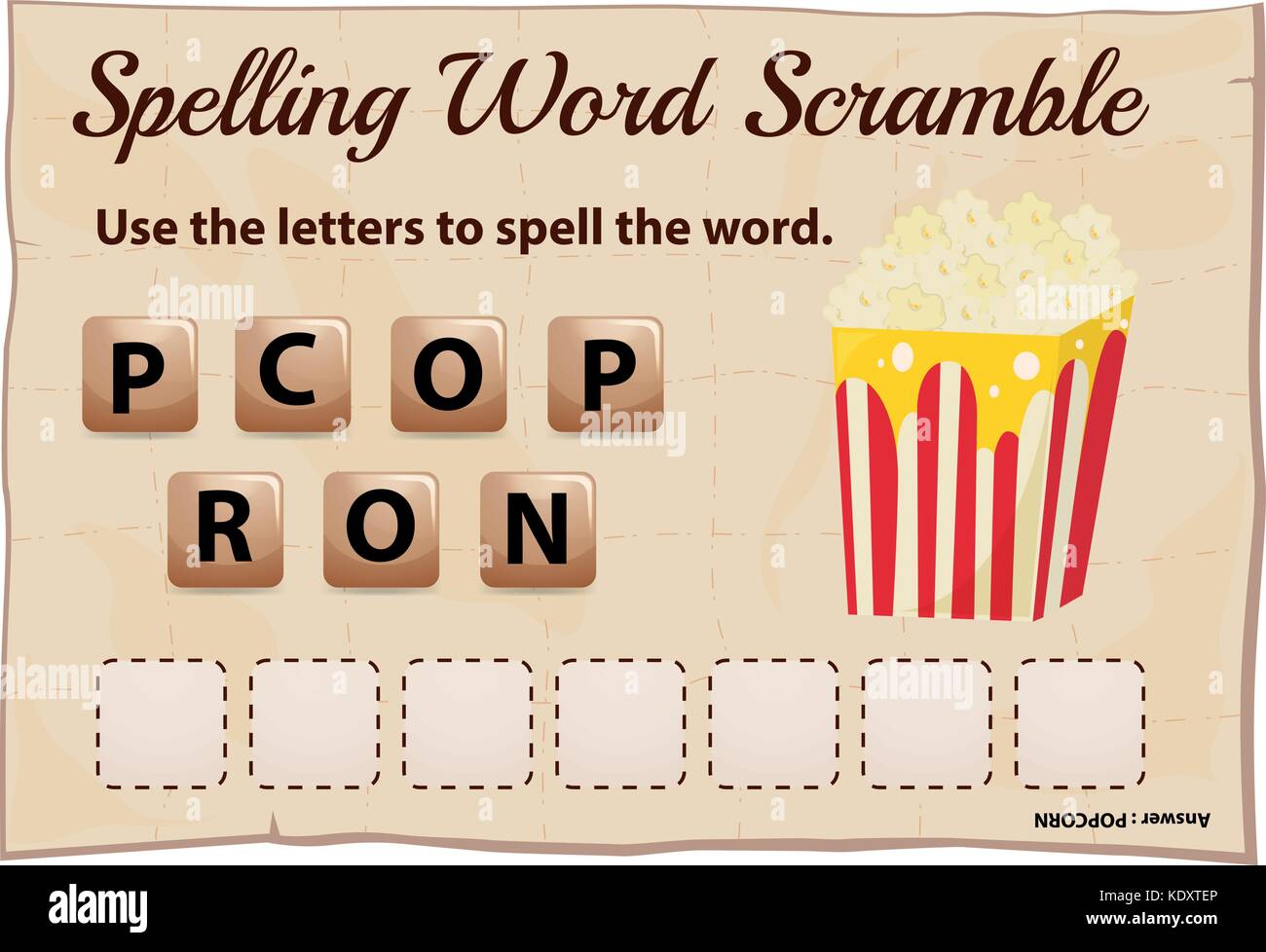 Spelling word scramble for word popcorn illustration Stock Vector Image