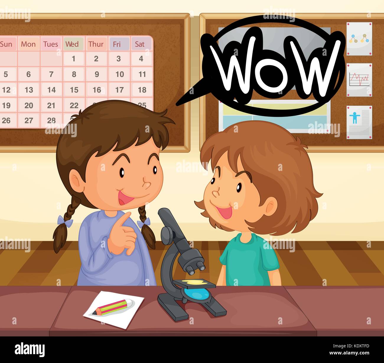 Two girls looking at microscope in classroom illustration Stock Vector ...