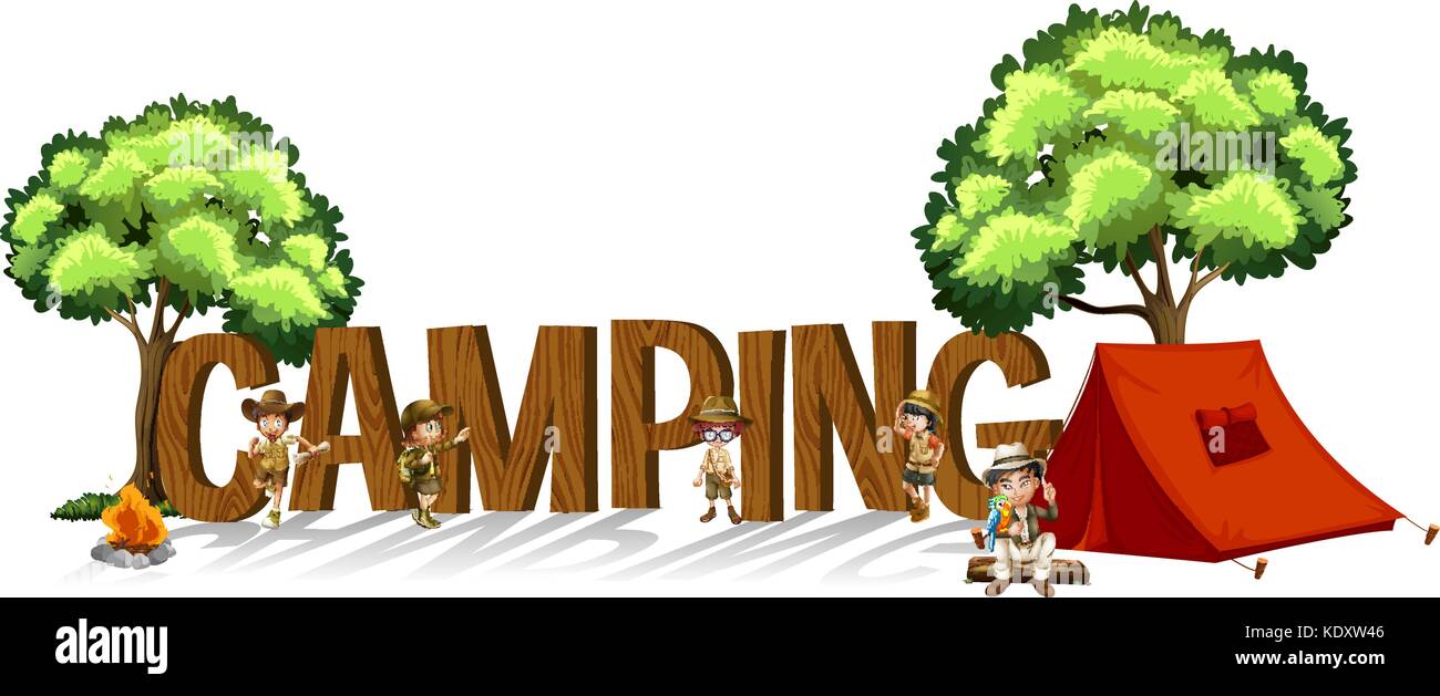 Font design for word camping with kids and tent illustration Stock