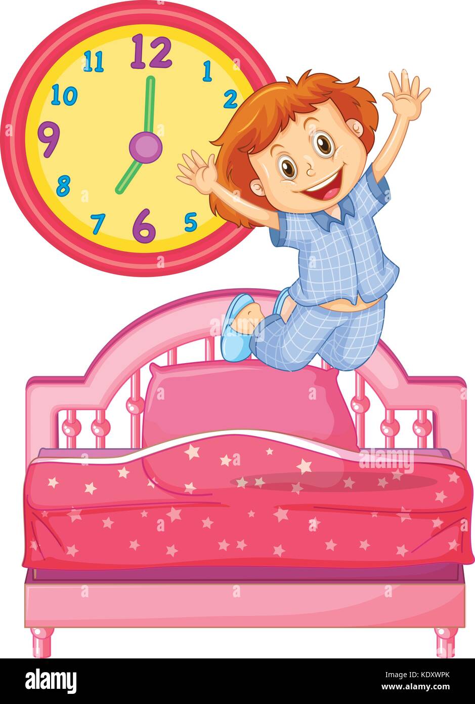 Little girl waking up from the bed illustration Stock Vector