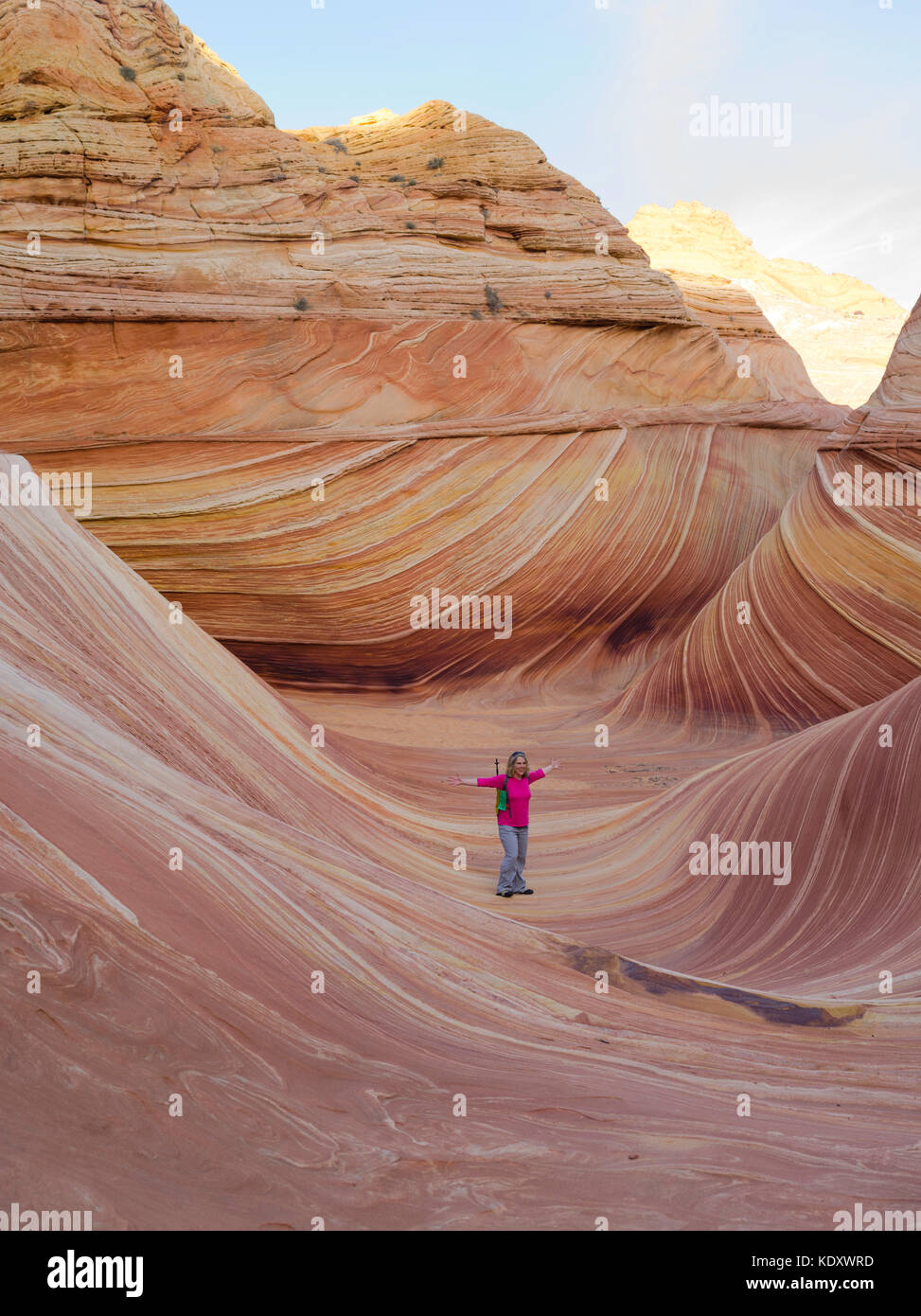 Scene from the beautiful geological formation of colorful folded sandstone known as "The Wave." North Coyote Buttes, Vermillion Cliffs National Monume Stock Photo