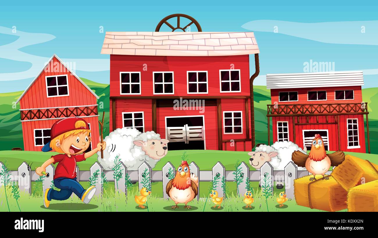 Boy and farm animals on the farm illustration Stock Vector Image & Art ...