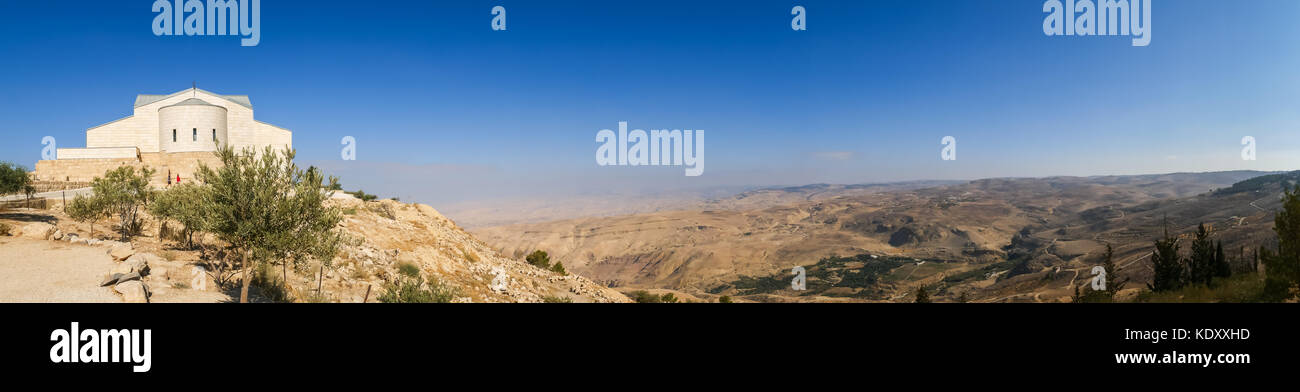 Panorama of Diakonikon Baptistry Chapel, Mount Nebo, Jordan, and desert valley where Moses saw the promised Holy Land Stock Photo