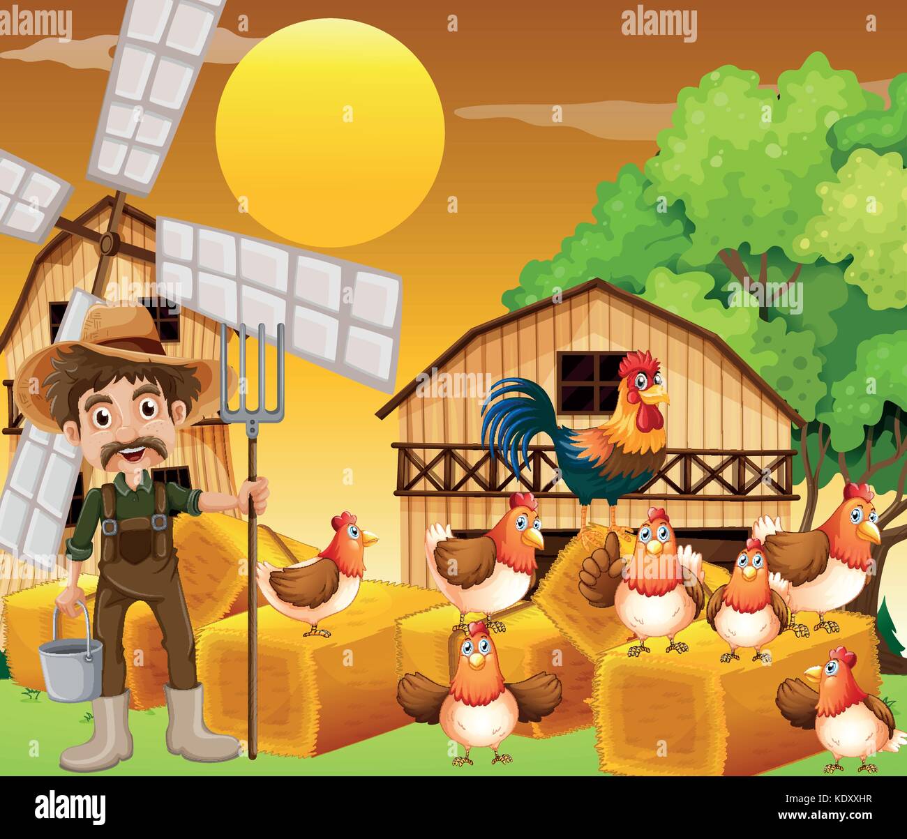 Farmer and chickens on the farm illustration Stock Vector Image & Art ...