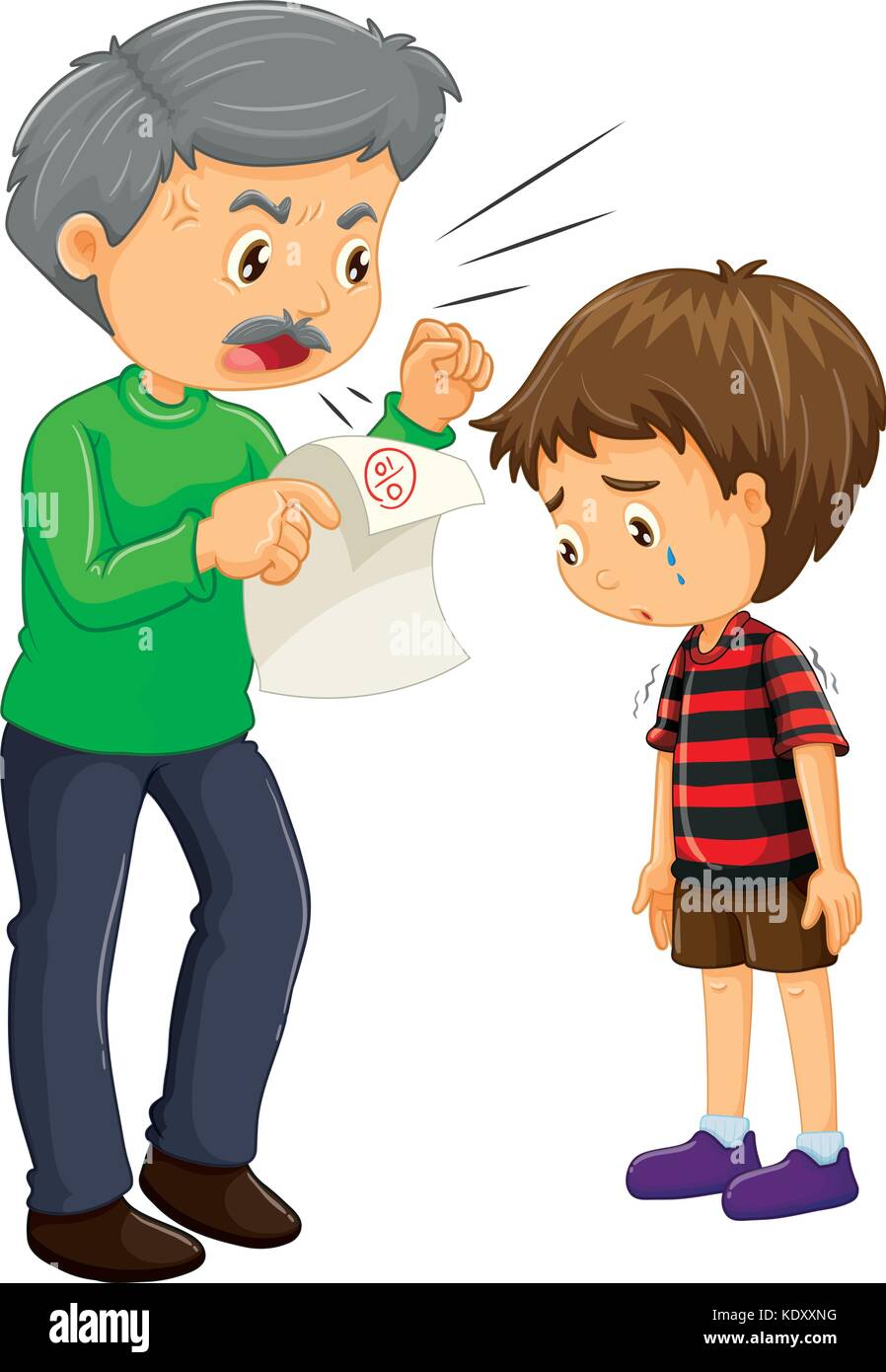 Angry father and boy with bad grades on paper illustration Stock Vector
