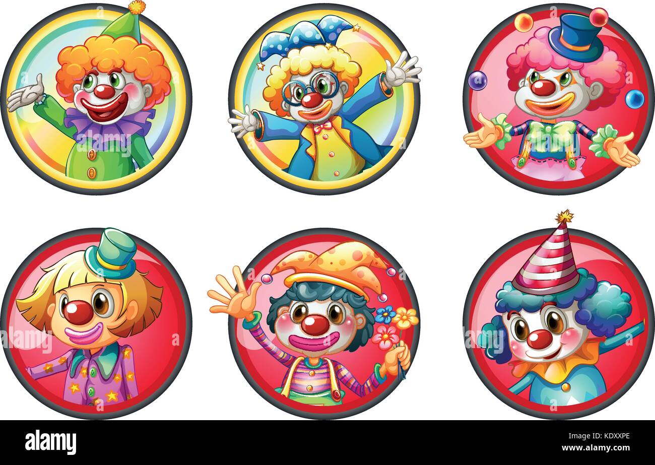 Clown characters on round badges illustration Stock Vector Image &amp; Art ...