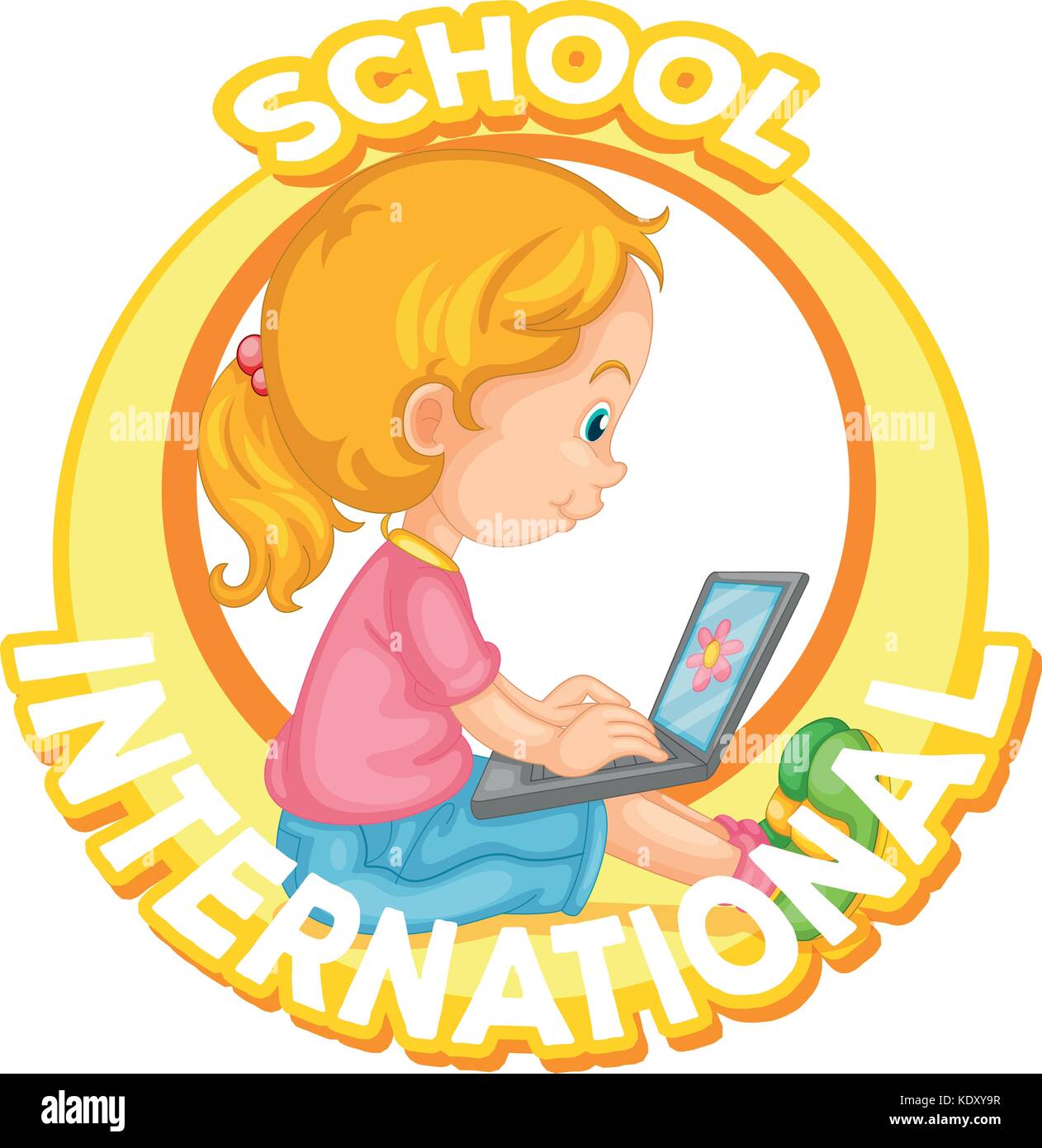 International school logo design with girl working on computer ...