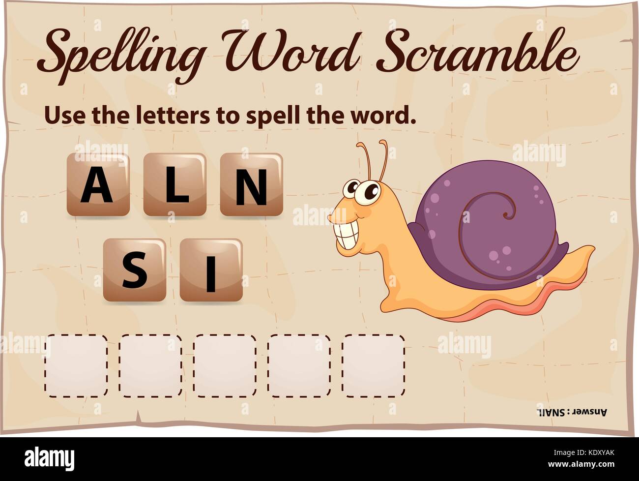 Spelling word scramble game with word snail illustration Stock Vector