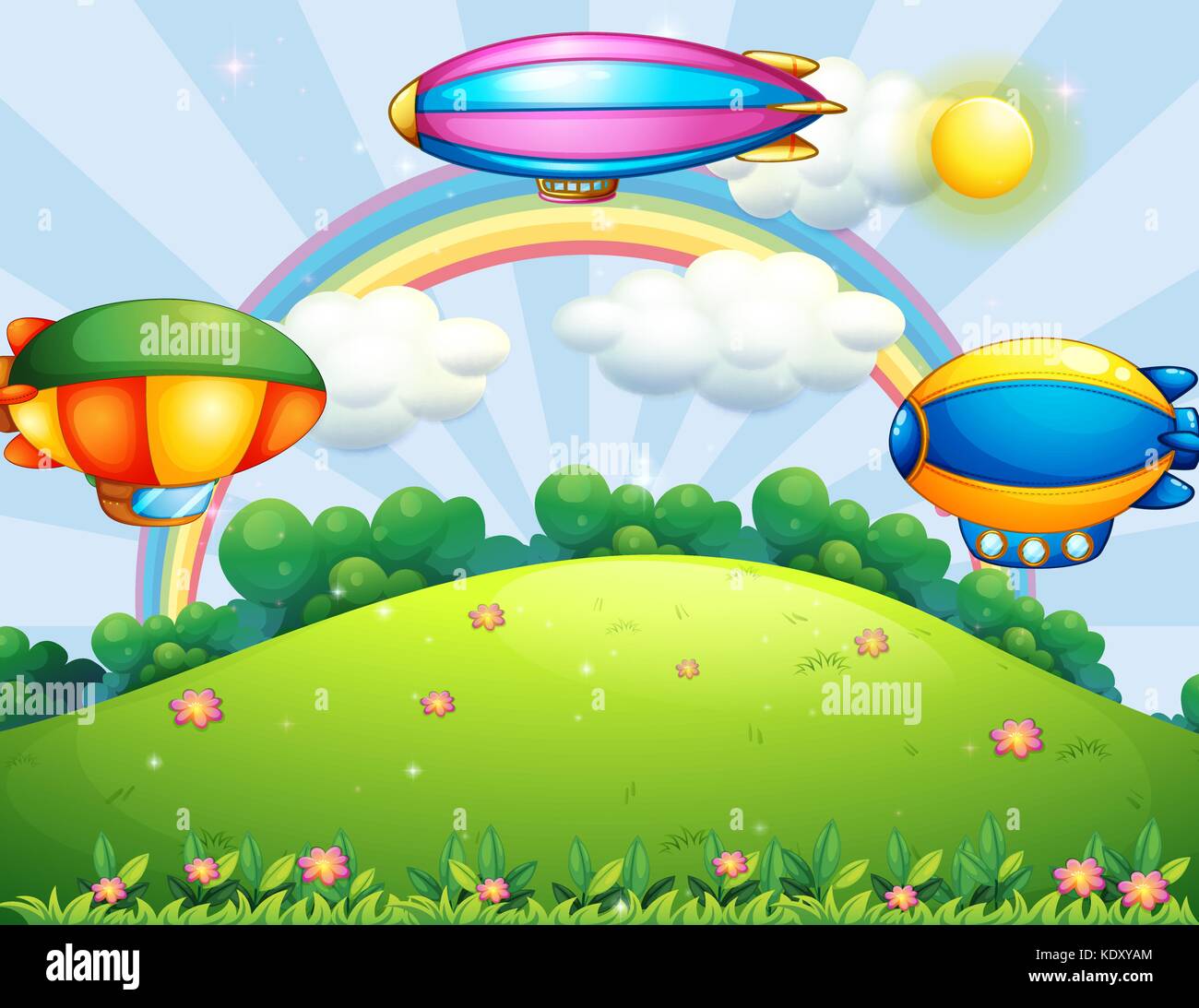 Three airships flying over the field illustration Stock Vector Image ...