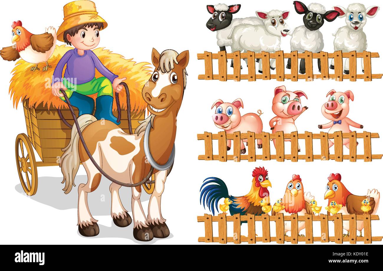 Farmer on wagon and animals behide fence illustration Stock Vector ...