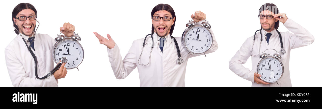 Man doctor with clock isolated on white Stock Photo - Alamy