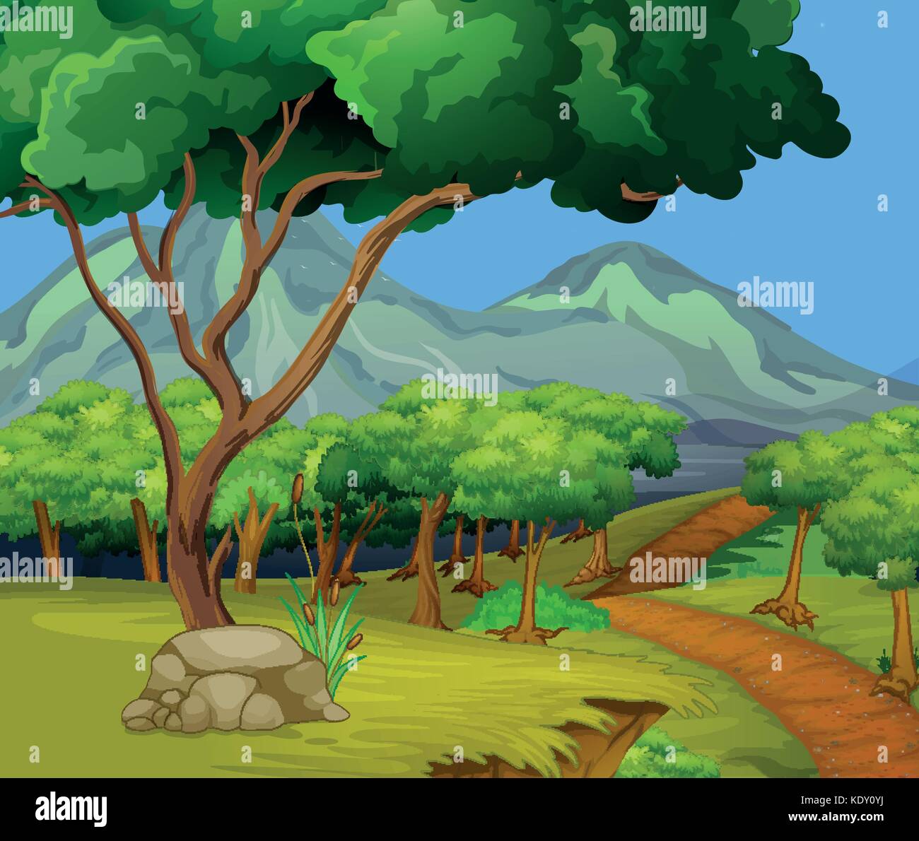 Scene with hiking track in the woods illustration Stock Vector Image ...