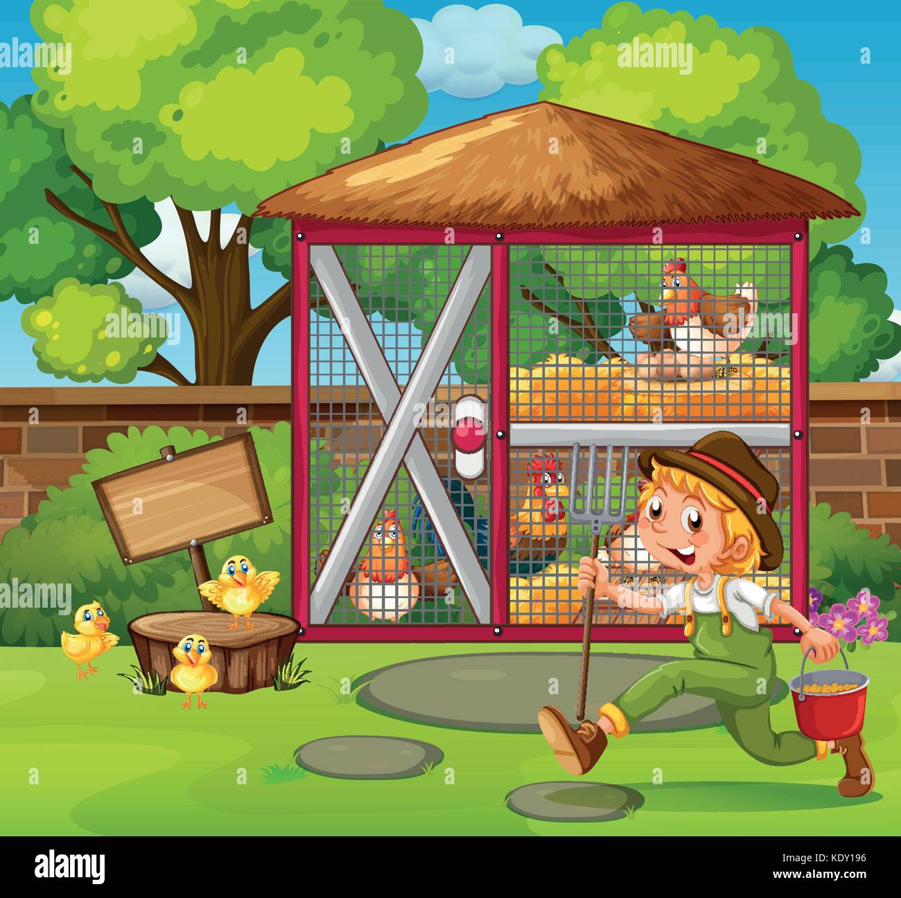 Farmer feeding chickens in the coop illustration Stock Vector Image ...