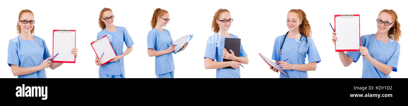 Pretty doctor in blue uniform with documents isolated on white Stock ...