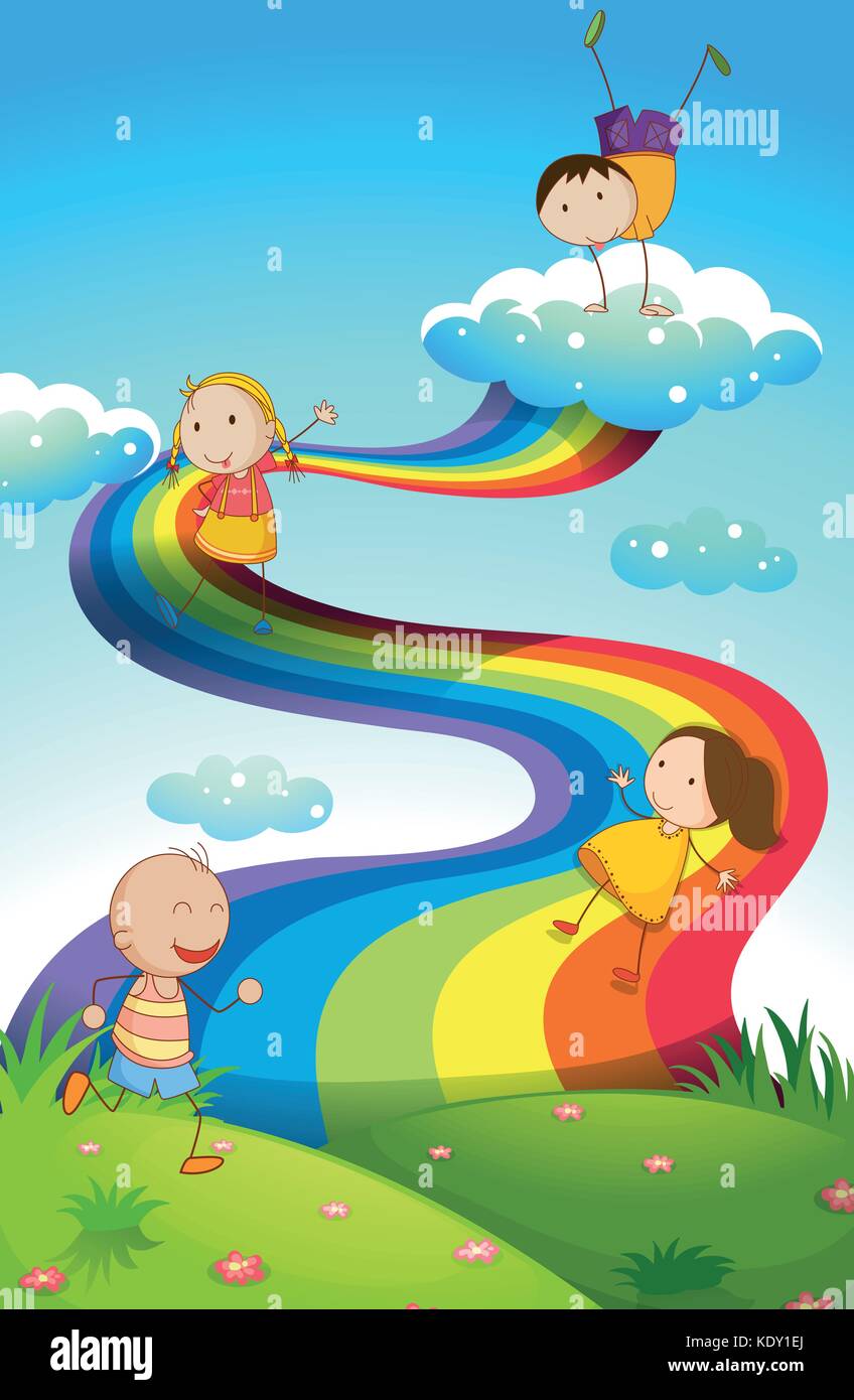 Happy children on rainbow illustration Stock Vector Image & Art - Alamy