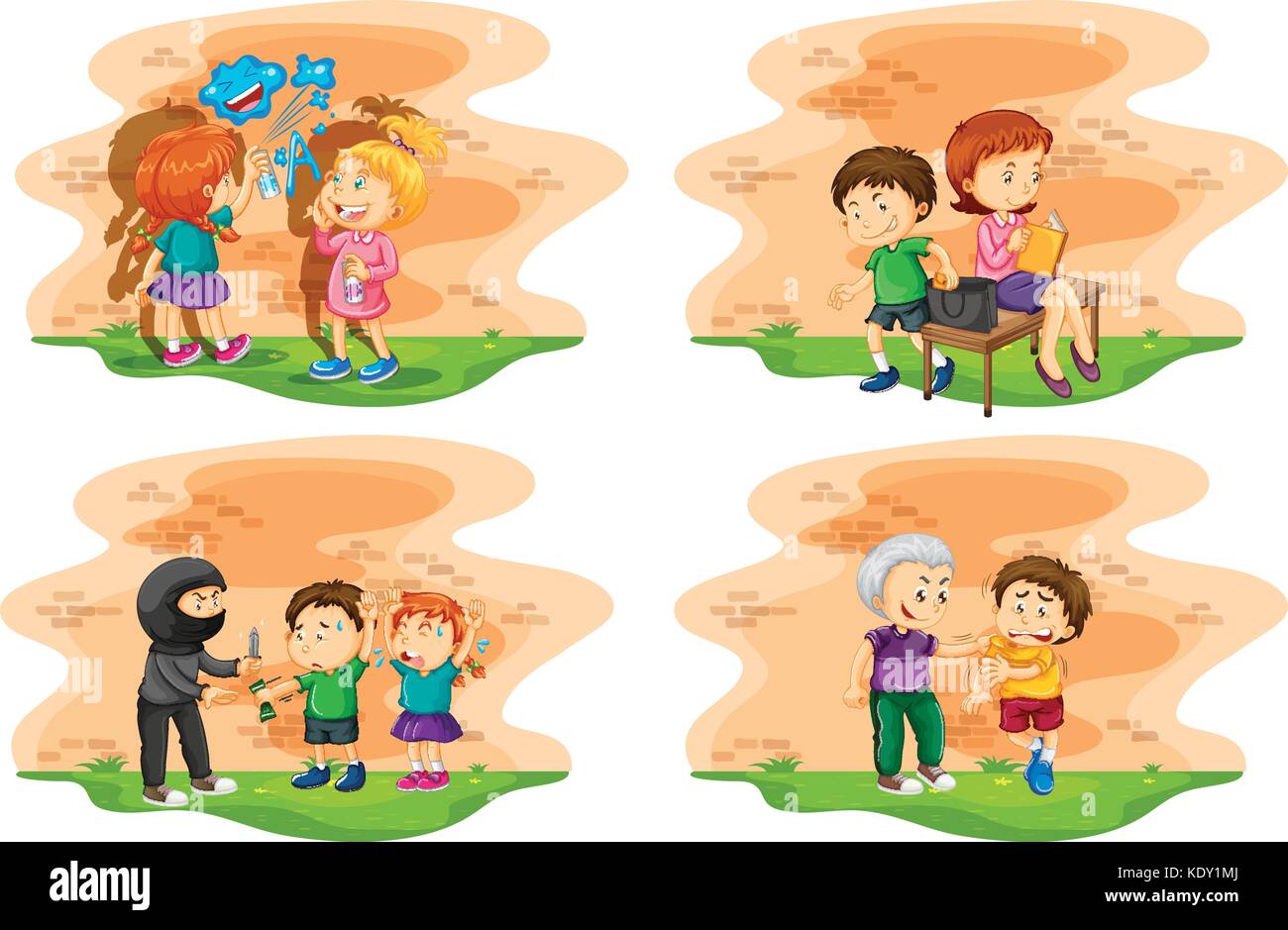 Different scenes of kids doing bad things illustration Stock Vector