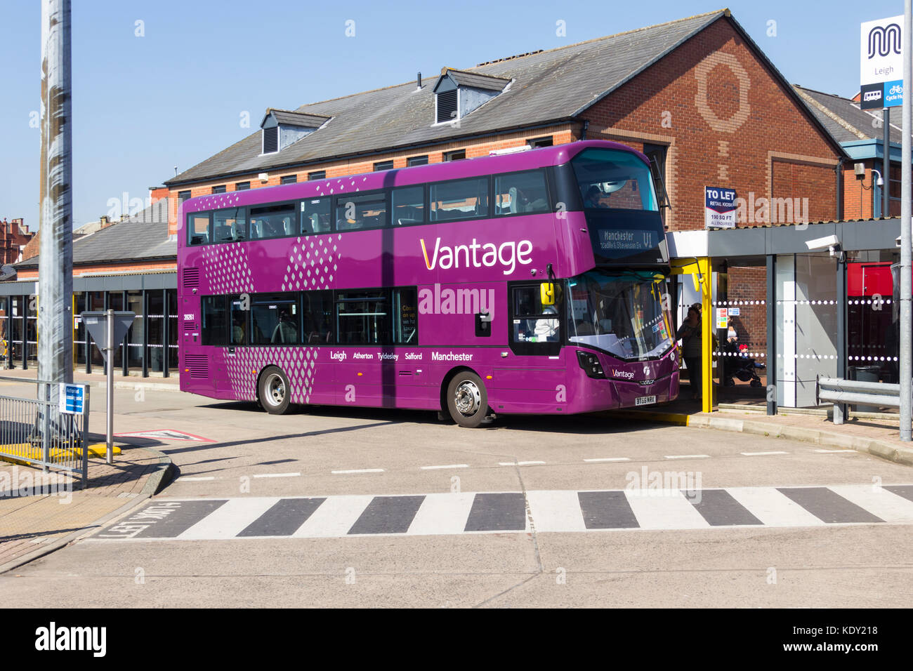 Vantage branded bus at Leigh bus station. The bus is specially designed to utilise the 7km long  Leigh to Manchester guided busway, Stock Photo
