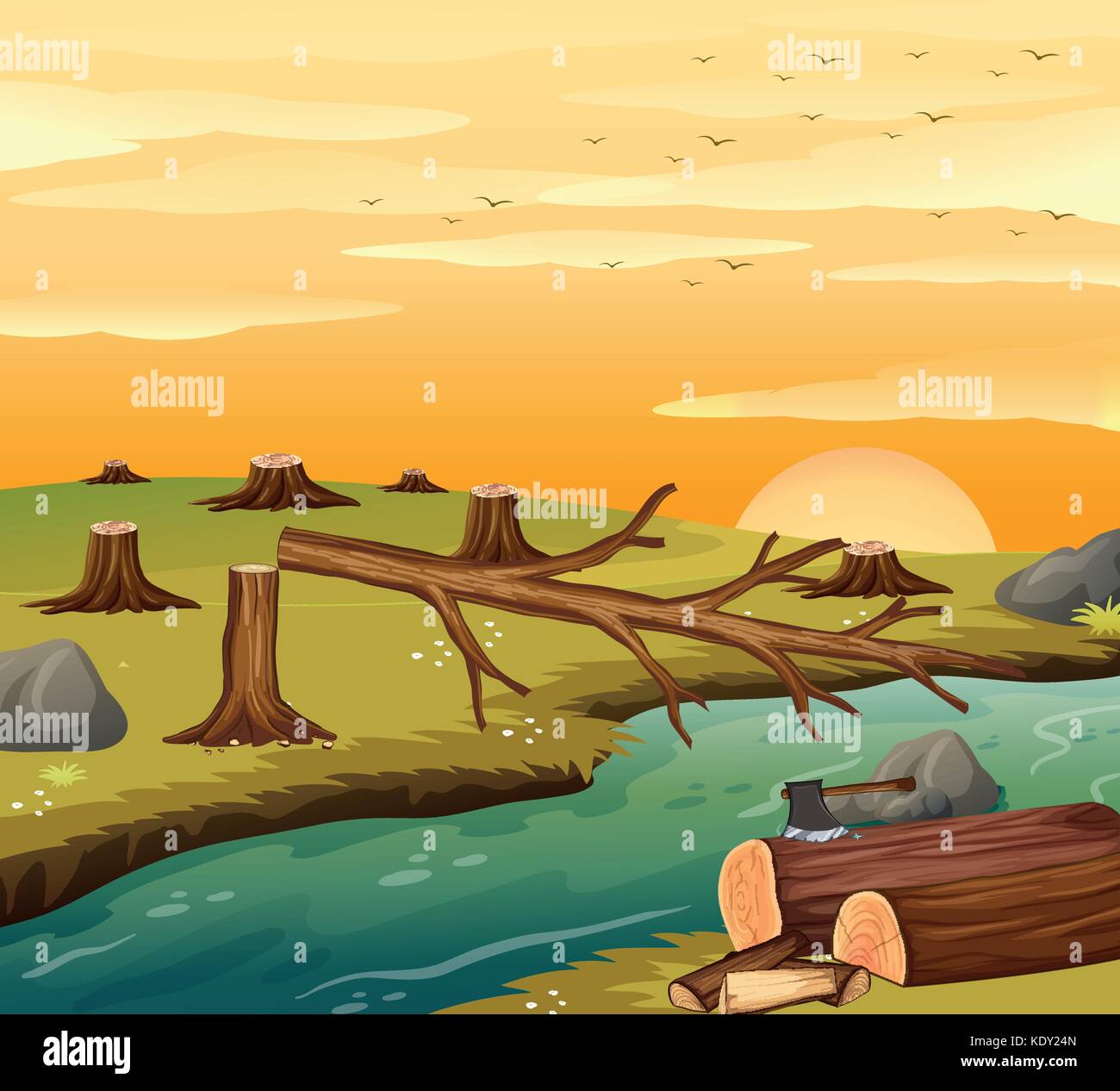 Deforestation scene at sunset illustration Stock Vector Image & Art - Alamy