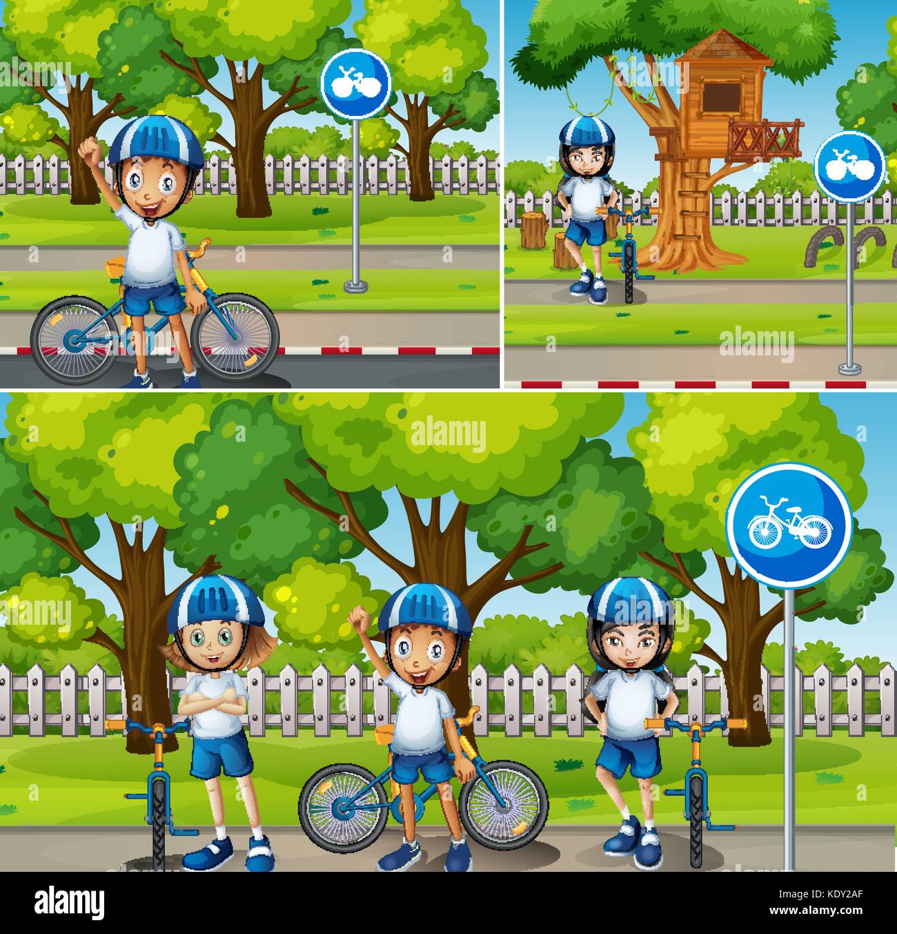 Children riding bicycle in the park illustration Stock Vector Image ...