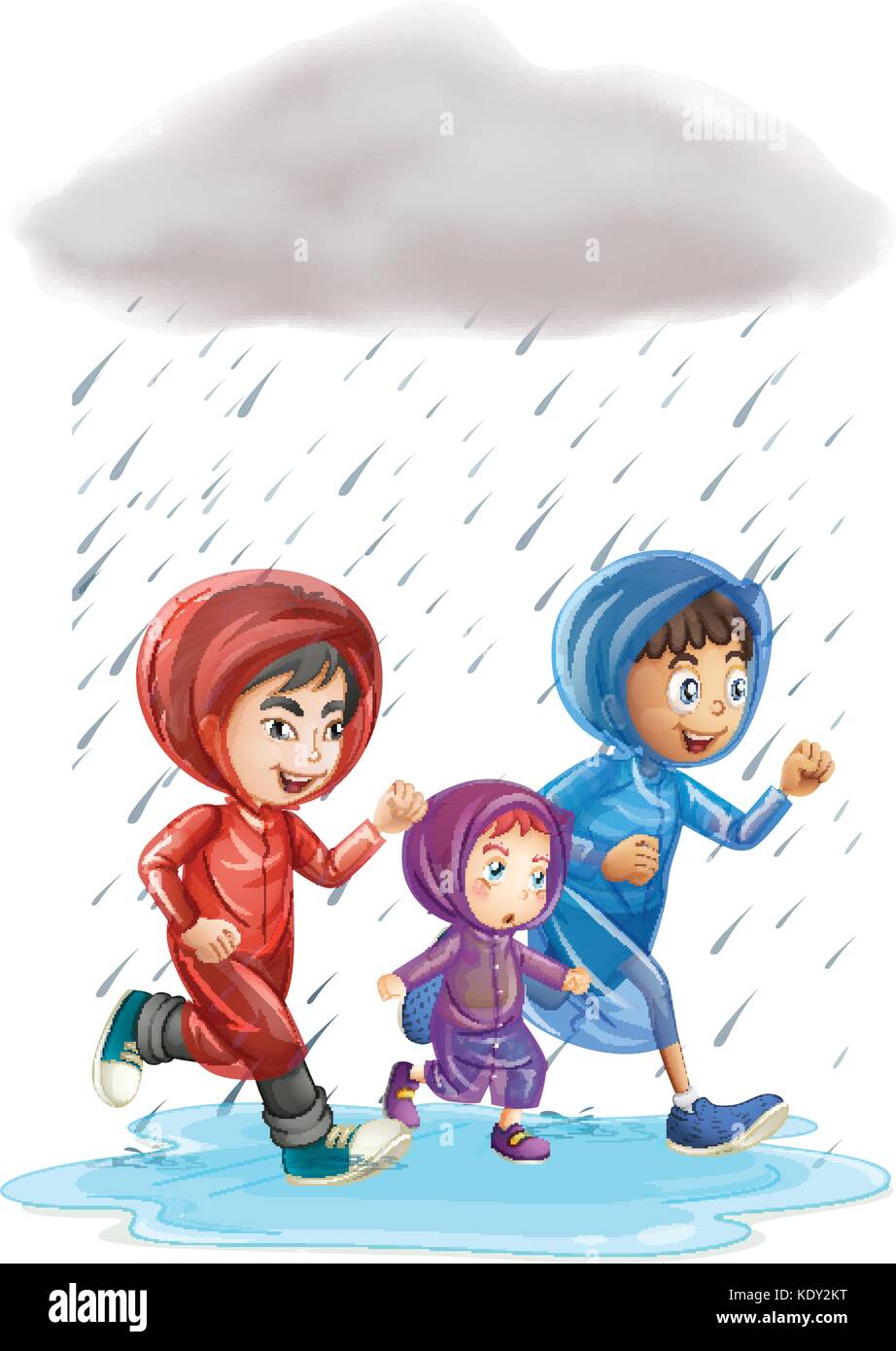 Three kids running in the rain illustration Stock Vector