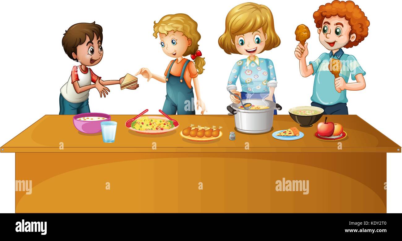 Family having meal on the table illustration Stock Vector