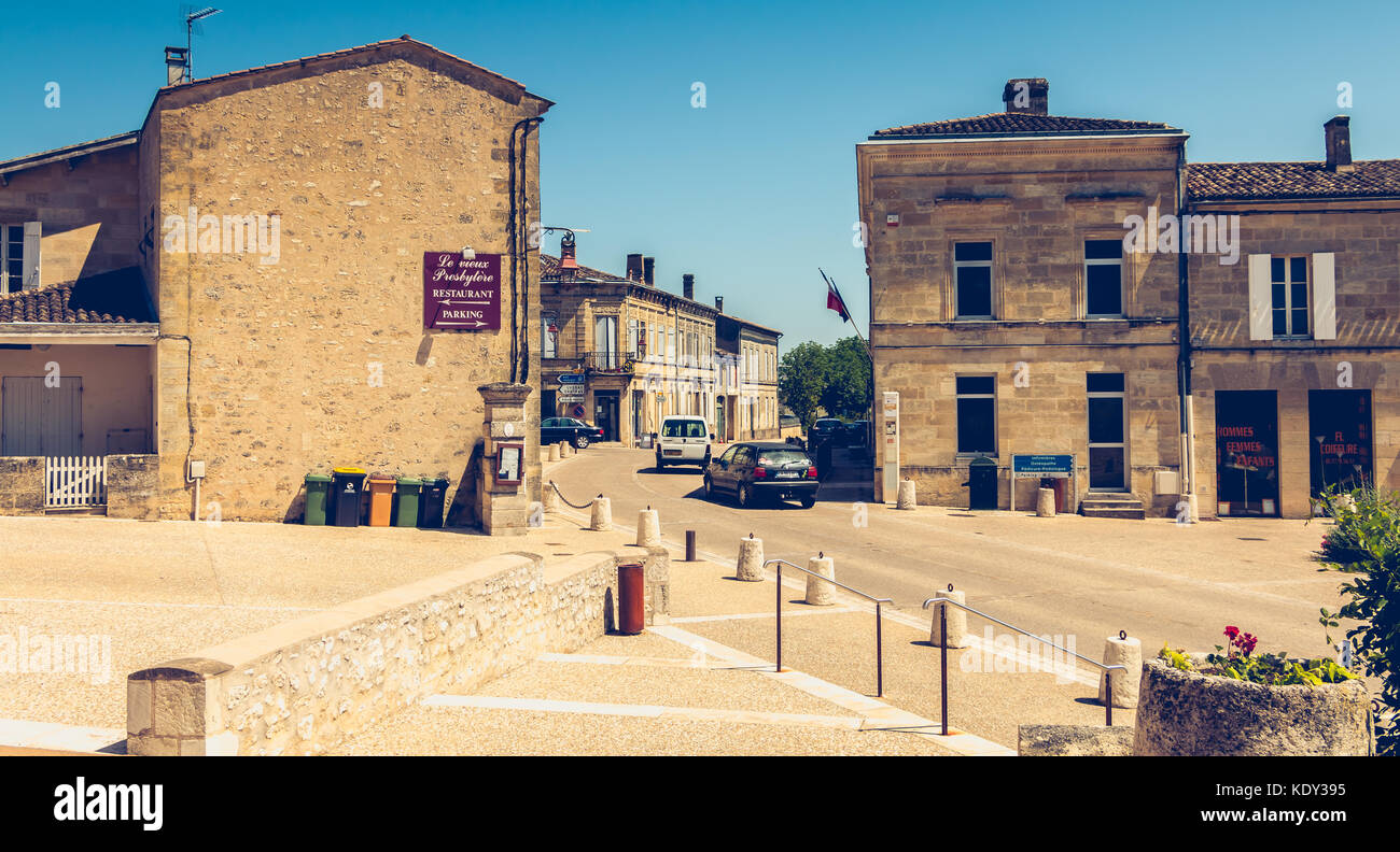 MONTAGNE, FRANCE - May 26, 2017 : the main street with its shops in the small town of Montagne, in France, where is produced the wine Montagne-Saint-E Stock Photo
