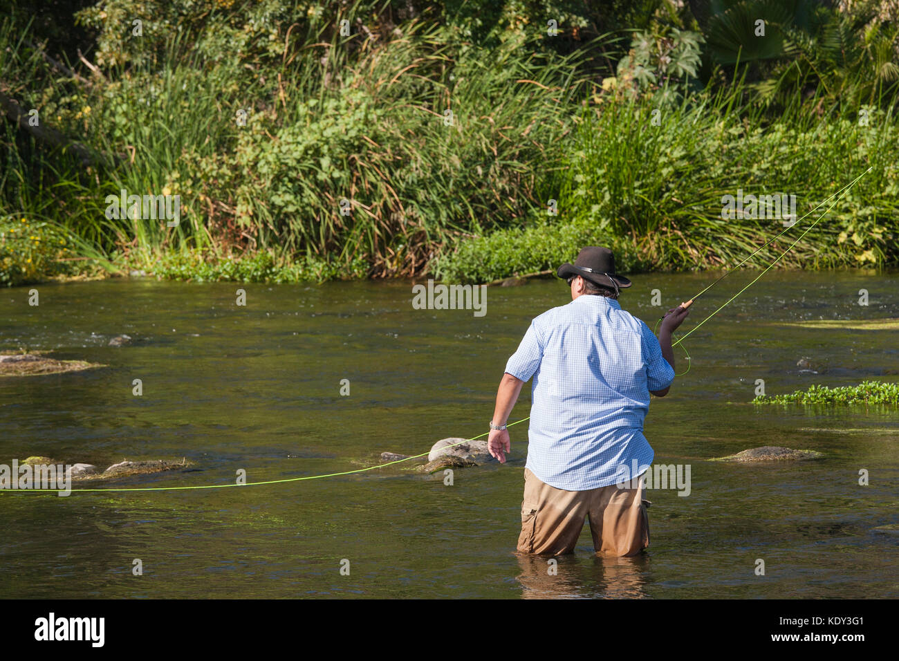 Experienced anglers, kids and those wishing to learn to fish attend The first annual Off tha’ Hook fly fishing event held on September 6, 2014 on the  Stock Photo