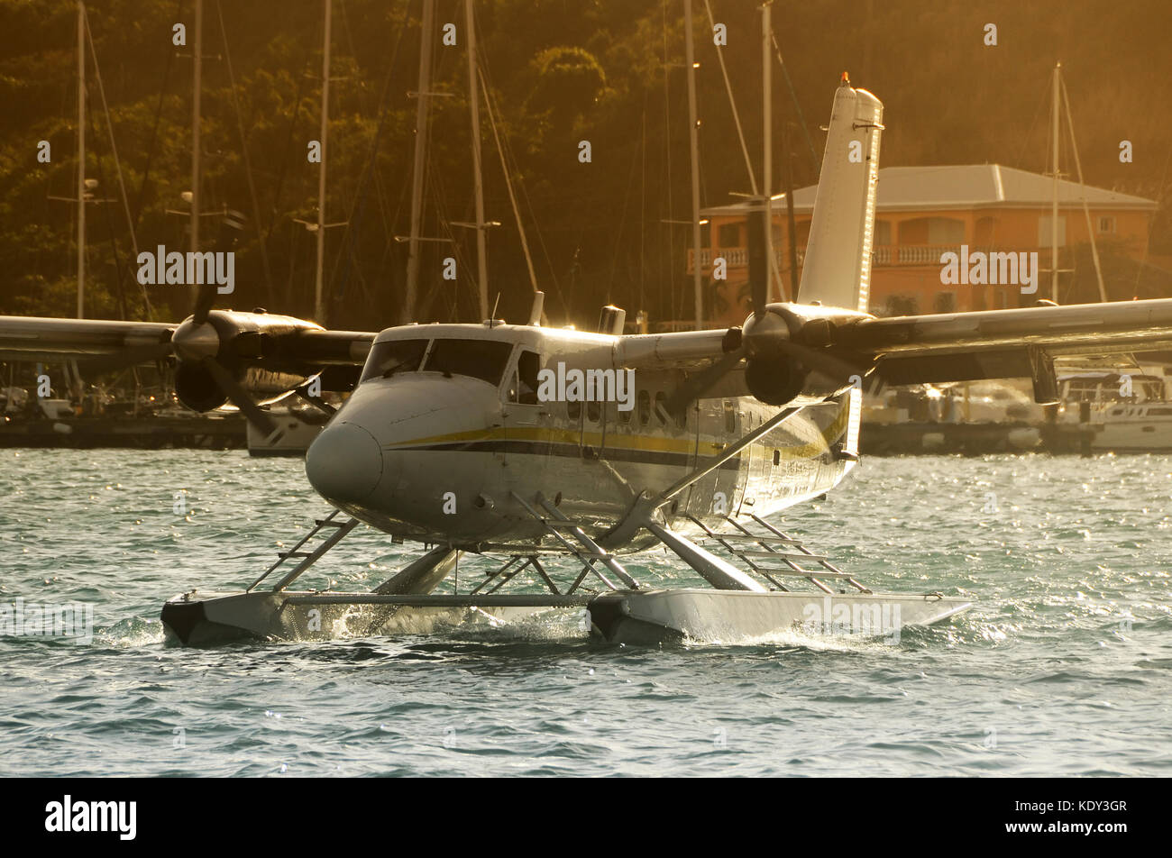 Twin engine seaplane near exotic island Stock Photo