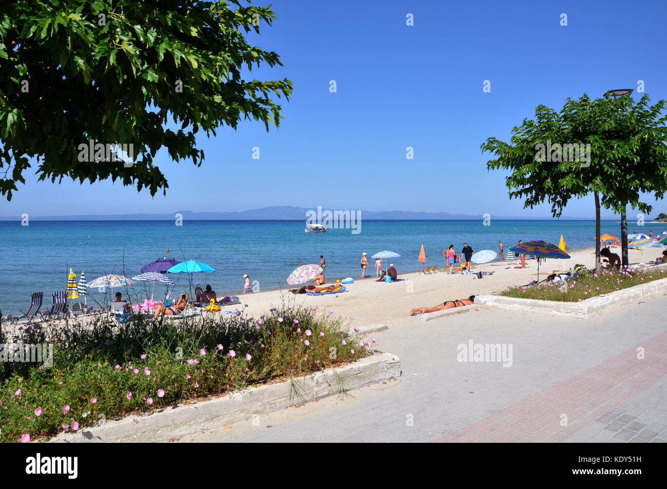 Beach of village Polychrono in peninsula Kassandra Halkidiki Greece Stock Photo