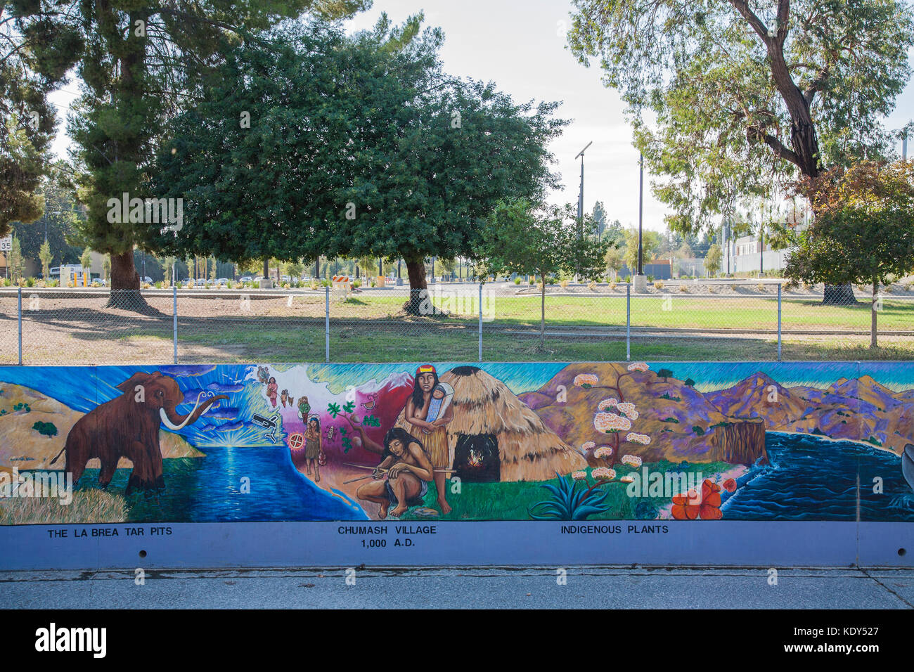 The Great Wall of Los Angeles is a mural designed by Judith Baca and executed with the help of over 400 community youth and artists, Tujunga Wash, Los Stock Photo