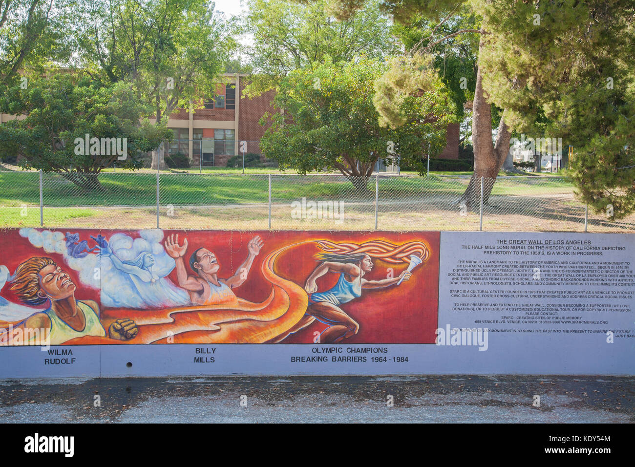 The Great Wall of Los Angeles is a mural designed by Judith Baca and executed with the help of over 400 community youth and artists, Tujunga Wash, Los Stock Photo