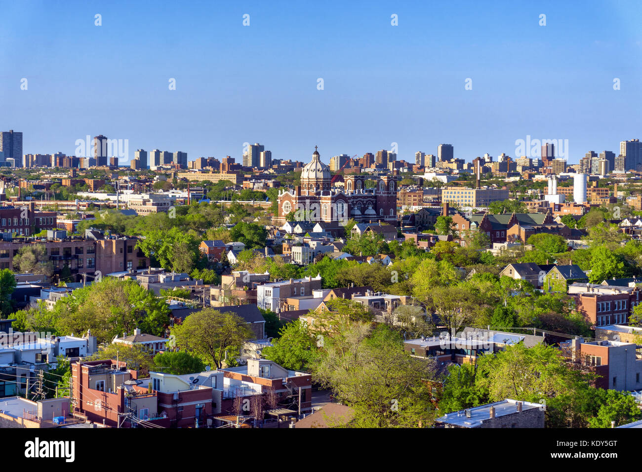 View of the Bucktown neighborhood in Chicago with skyscrapers in the