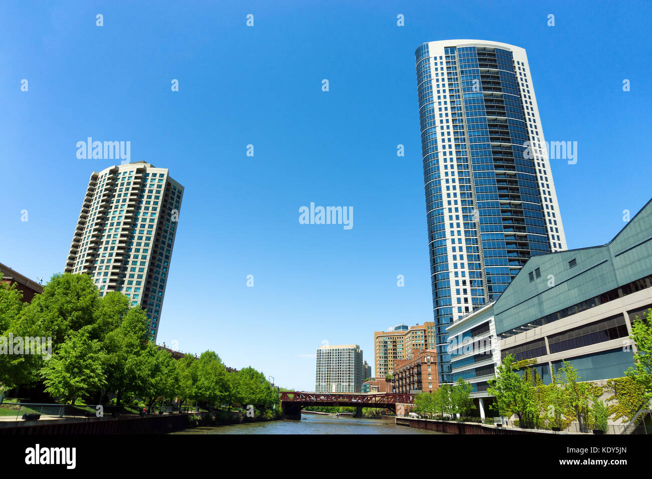View of apartment buildings as seen from the Chicago River in Chicago ...