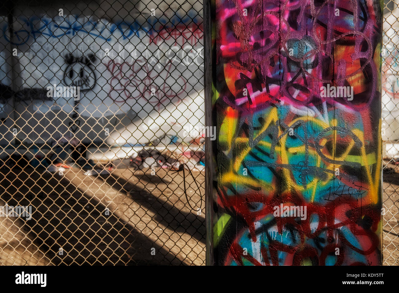 Graffiti under the Olympic Boulevard Bridge, Los Angeles River, Downtown Los Angeles, California, USA Stock Photo