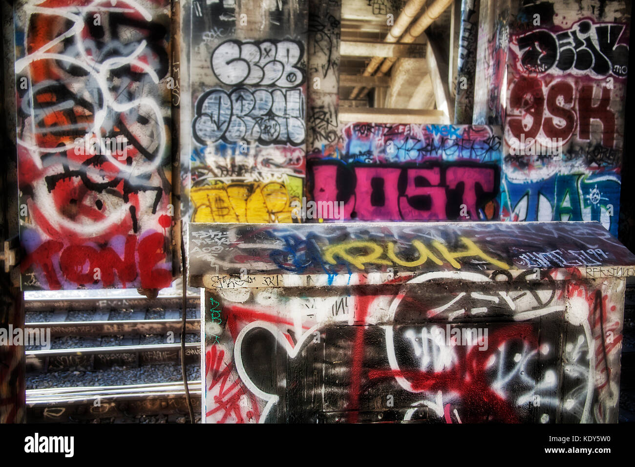 Graffiti under the Olympic Boulevard Bridge, Los Angeles River, Downtown Los Angeles, California, USA Stock Photo