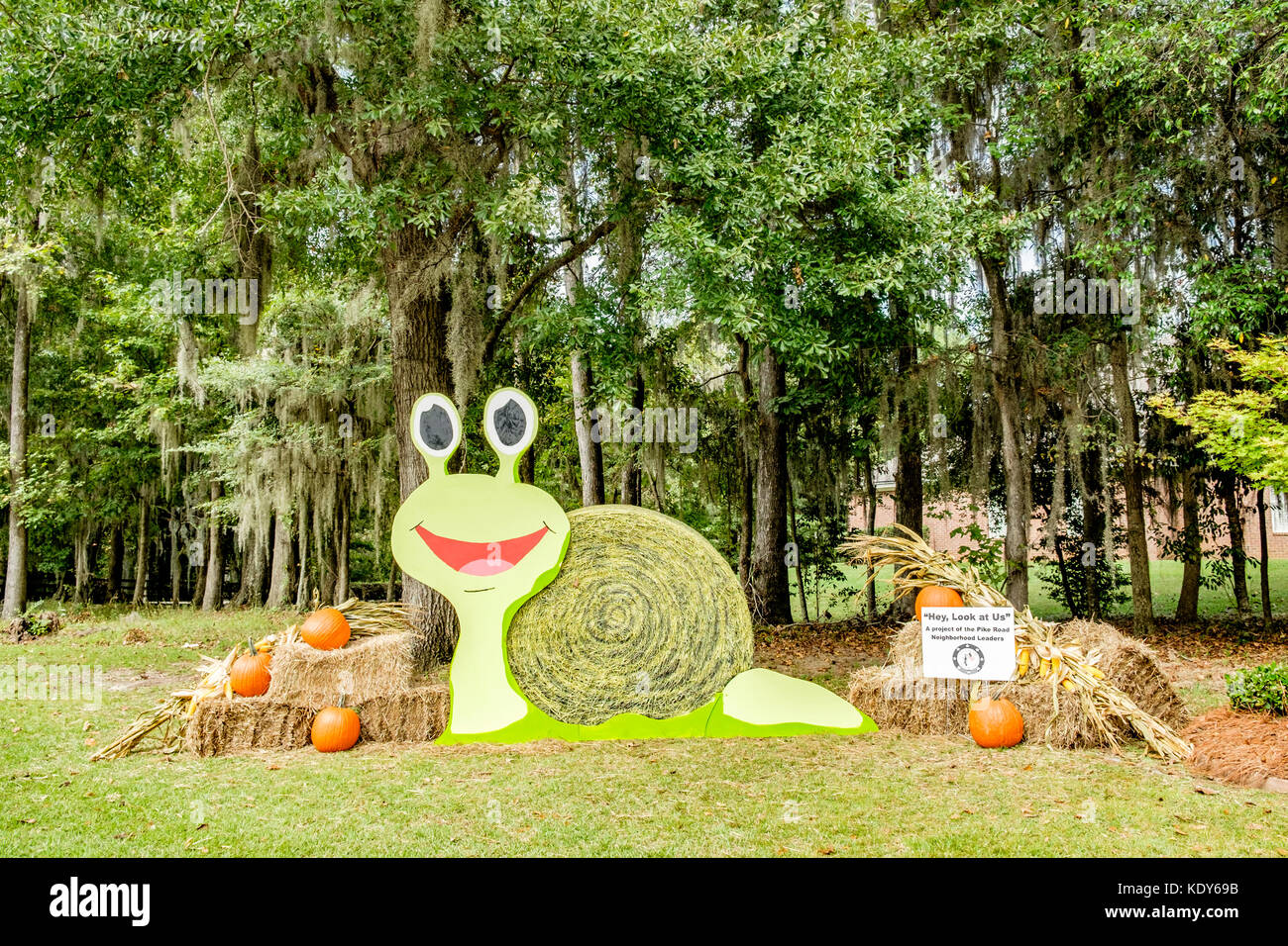 Hay roll decorated for the American Halloween holiday in Pike Road, Alabama USA. Stock Photo
