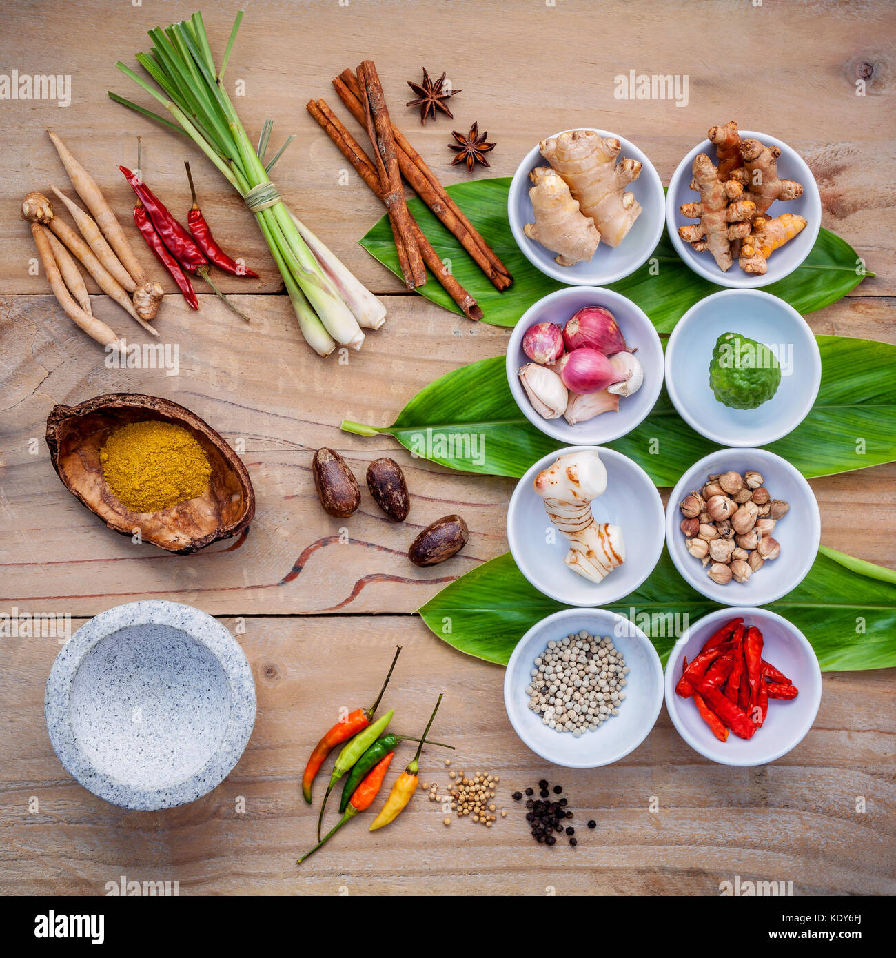 Various of thai food cooking ingredients for spice red curry paste