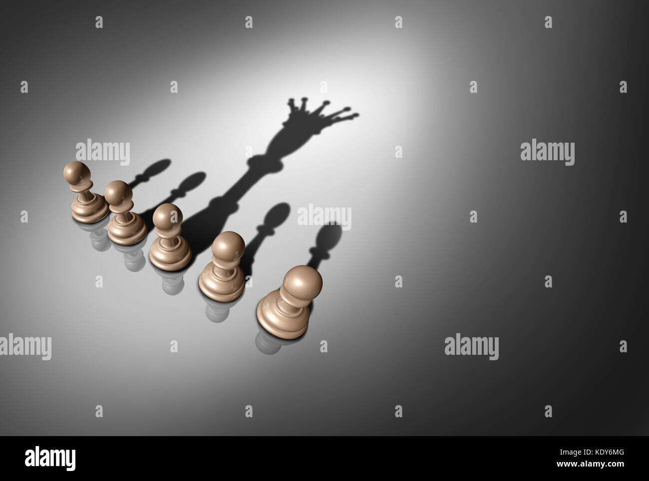 Concept of leader and leadership as a group of chess pawn pieces with one piece casting a shadow of a king as a metaphor for potential. Stock Photo