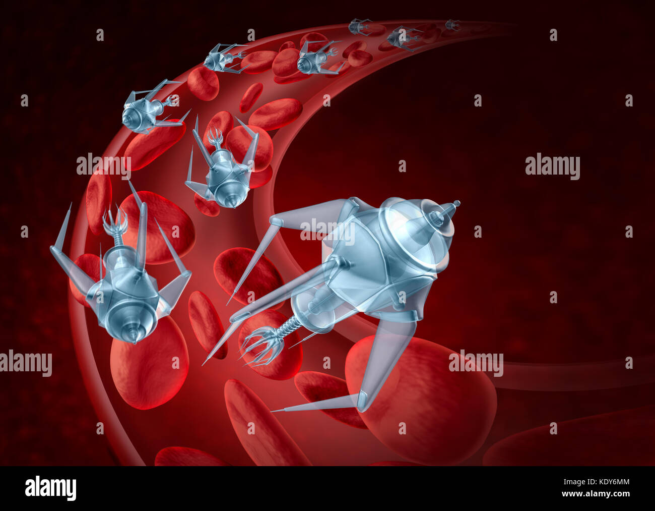 Nanorobots and nanotechnology bioengineering and advanced medical technology concept as nanomedicine robots inside a human artery. Stock Photo